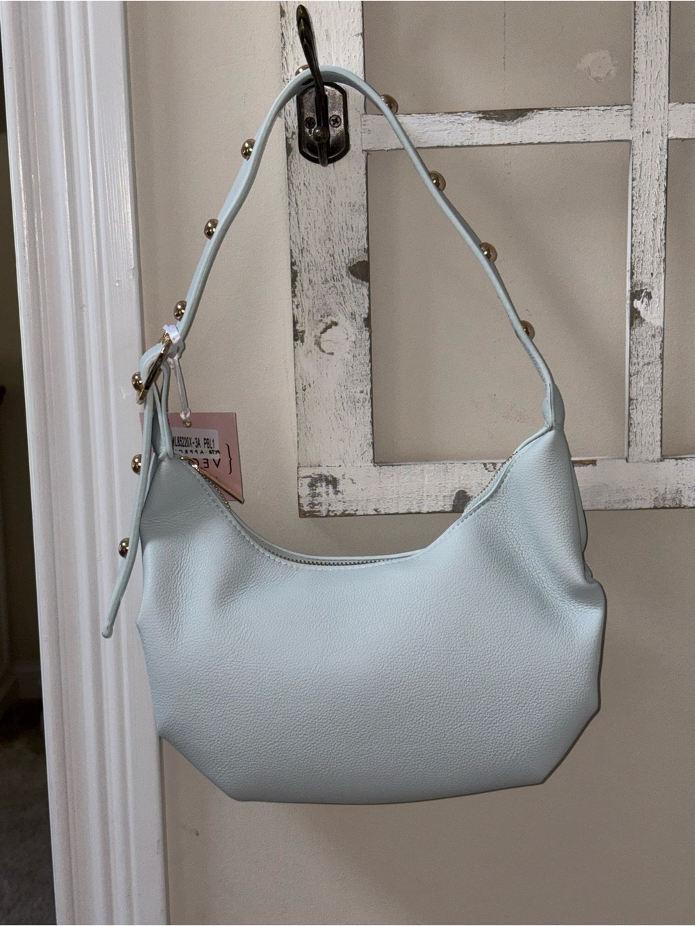 Soft Light Blue Pebbled Shoulder Bag with Studded Strap